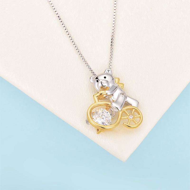 Bear Ride Bicycle Dancing Stone Pendant Necklace 925 Sterling Silver