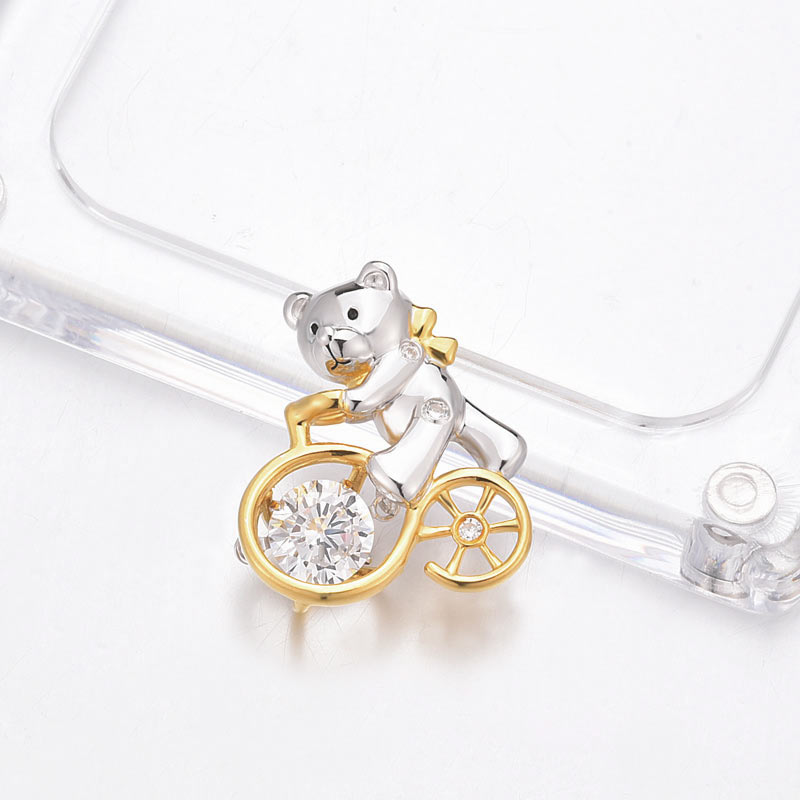 Bear Ride Bicycle Dancing Stone Pendant Necklace 925 Sterling Silver