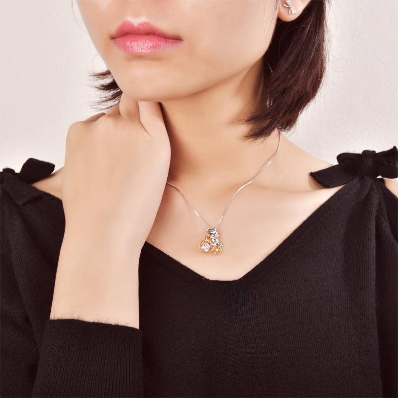 Bear Ride Bicycle Dancing Stone Pendant Necklace 925 Sterling Silver