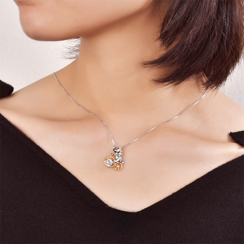 Bear Ride Bicycle Dancing Stone Pendant Necklace 925 Sterling Silver