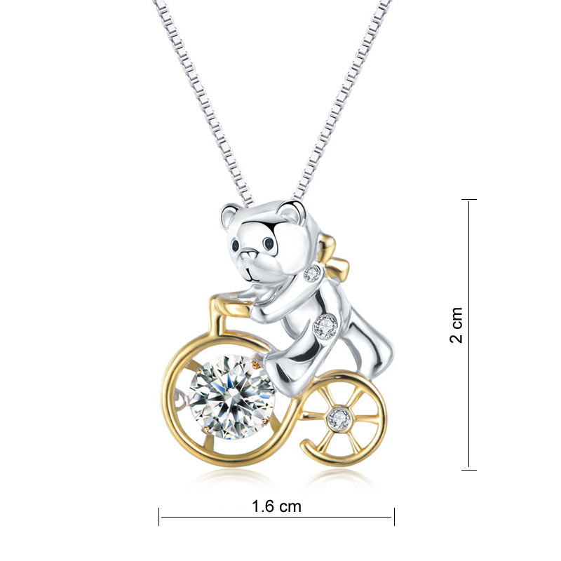 Bear Ride Bicycle Dancing Stone Pendant Necklace 925 Sterling Silver