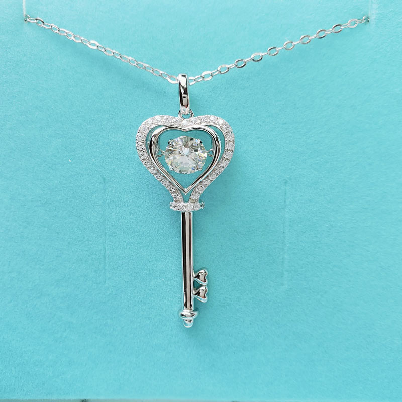 1 Carat Moissanite Diamond Dancing Stone Key Necklace 925 Sterling Silver