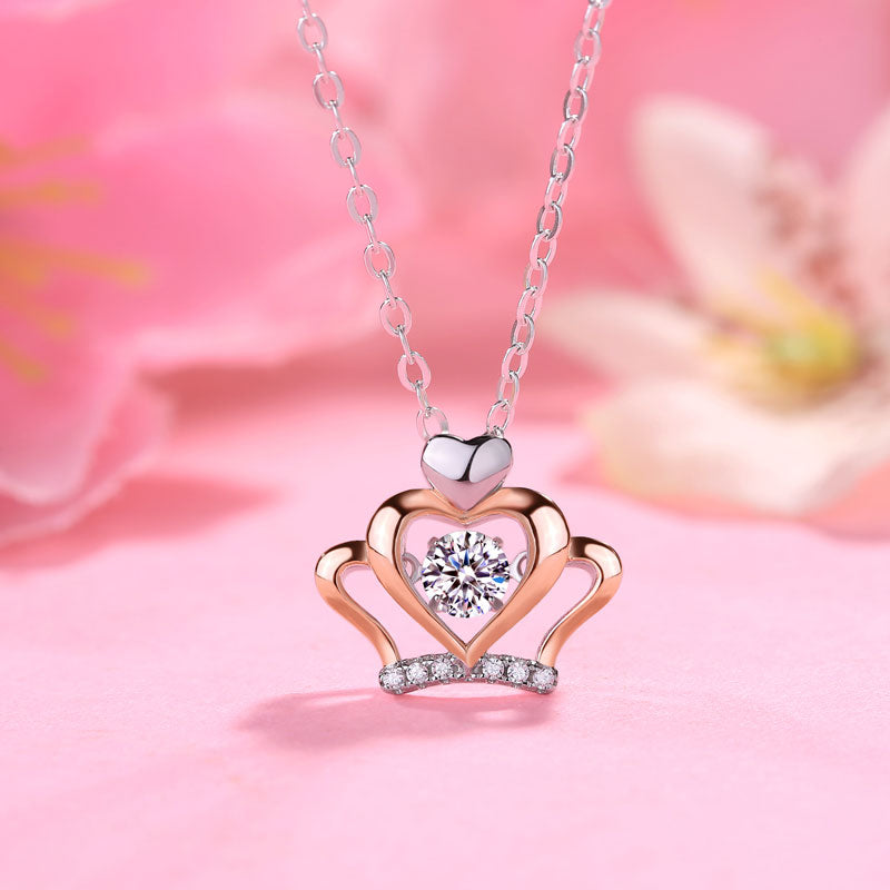 0.3 Carat Moissanite Diamond Dancing Stone Heart Crown Necklace 925 Sterling Silver