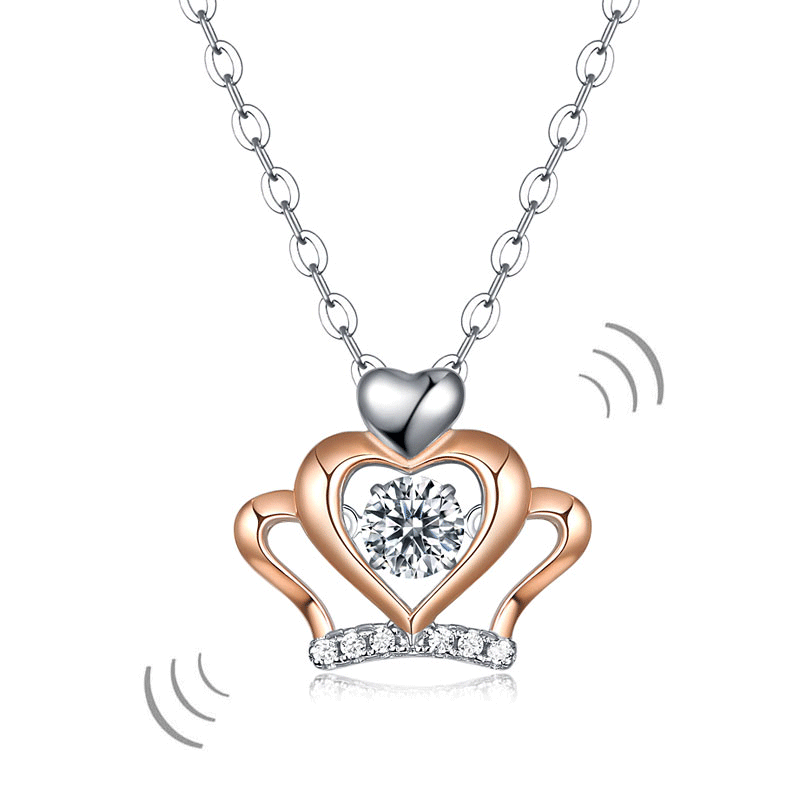 0.3 Carat Moissanite Diamond Dancing Stone Heart Crown Necklace 925 Sterling Silver