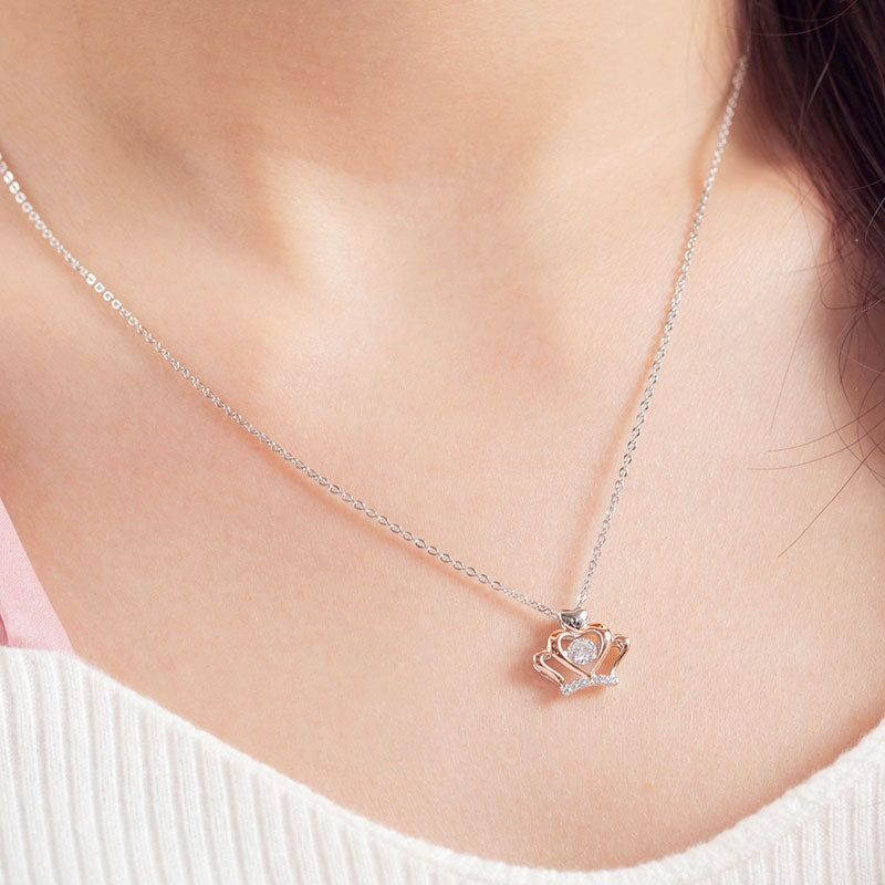 0.3 Carat Moissanite Diamond Dancing Stone Heart Crown Necklace 925 Sterling Silver