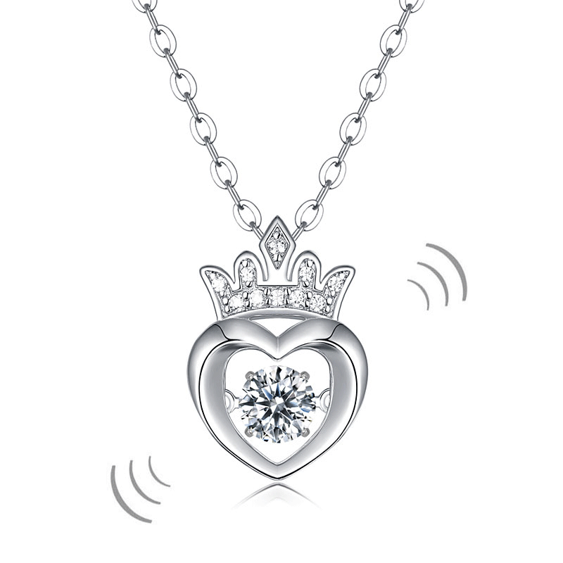 0.4 Carat Moissanite Diamond Dancing Stone Heart Crown Necklace 925 Sterling Silver