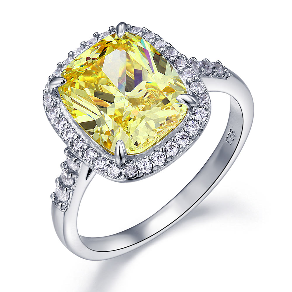 Solid 925 Sterling Silver Luxury Engagement Ring 6 ct Cushion Cut Yellow Sapphire