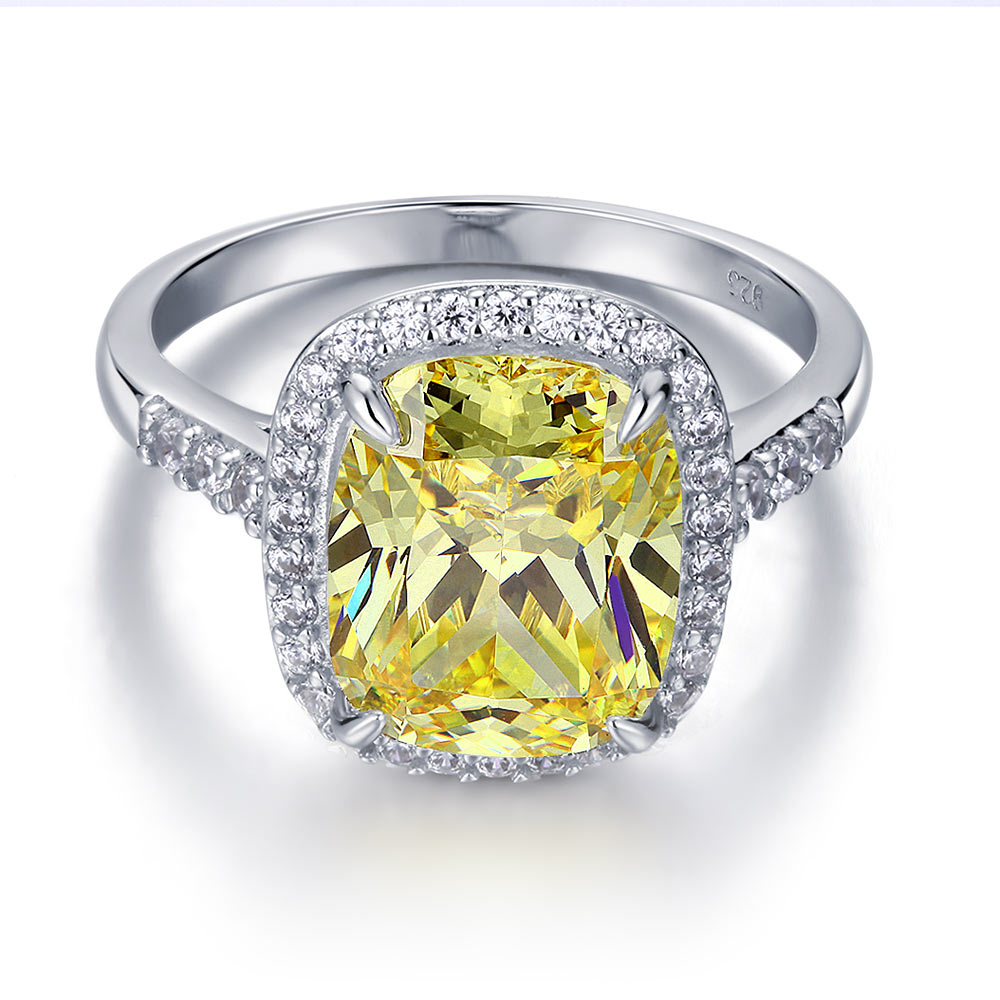 Solid 925 Sterling Silver Luxury Engagement Ring 6 ct Cushion Cut Yellow Sapphire