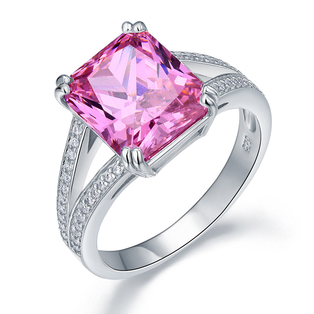 925 Sterling Silver Luxury Ring 6 Carat Fancy Pink Created Diamond Radiant Cut