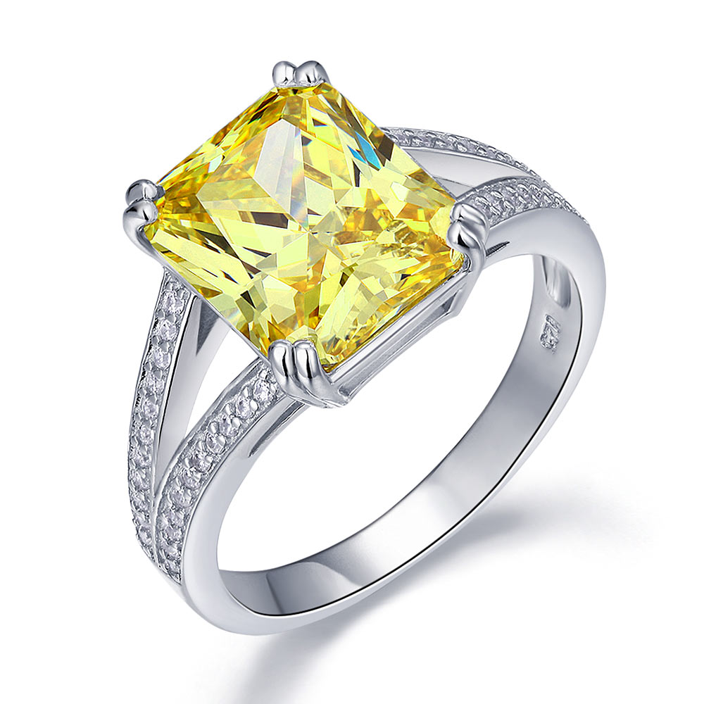 925 Sterling Silver Luxury Ring 6 Carat Fancy Yellow Created Diamond Radiant Cut