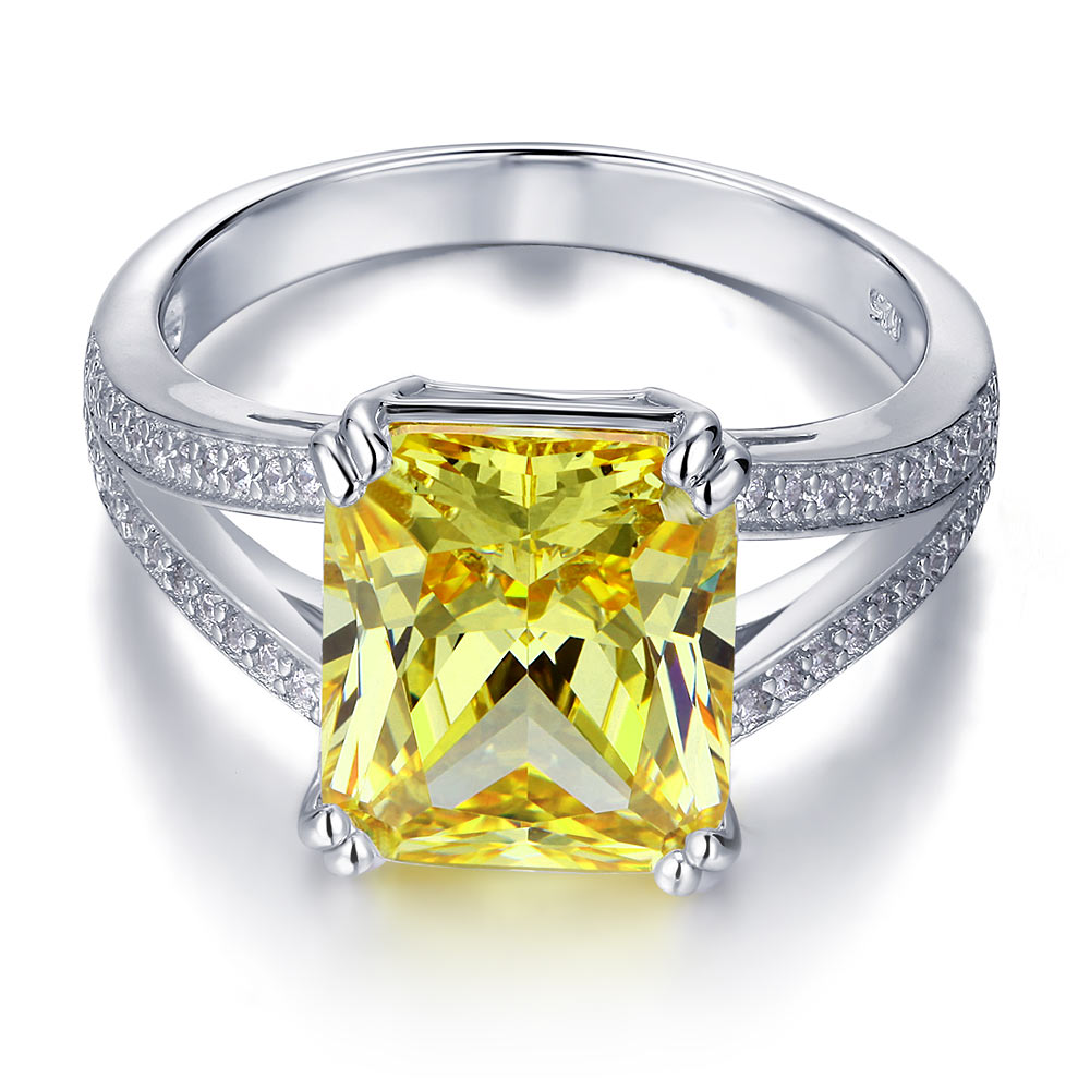 925 Sterling Silver Luxury Ring 6 Carat Fancy Yellow Created Diamond Radiant Cut