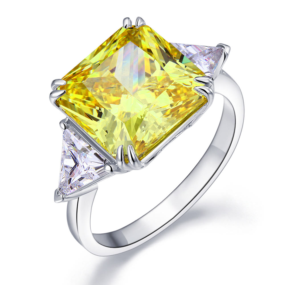 Solid 925 Sterling Silver Three-Stone Luxury Ring 8 Carat Yellow Canary Sapphire