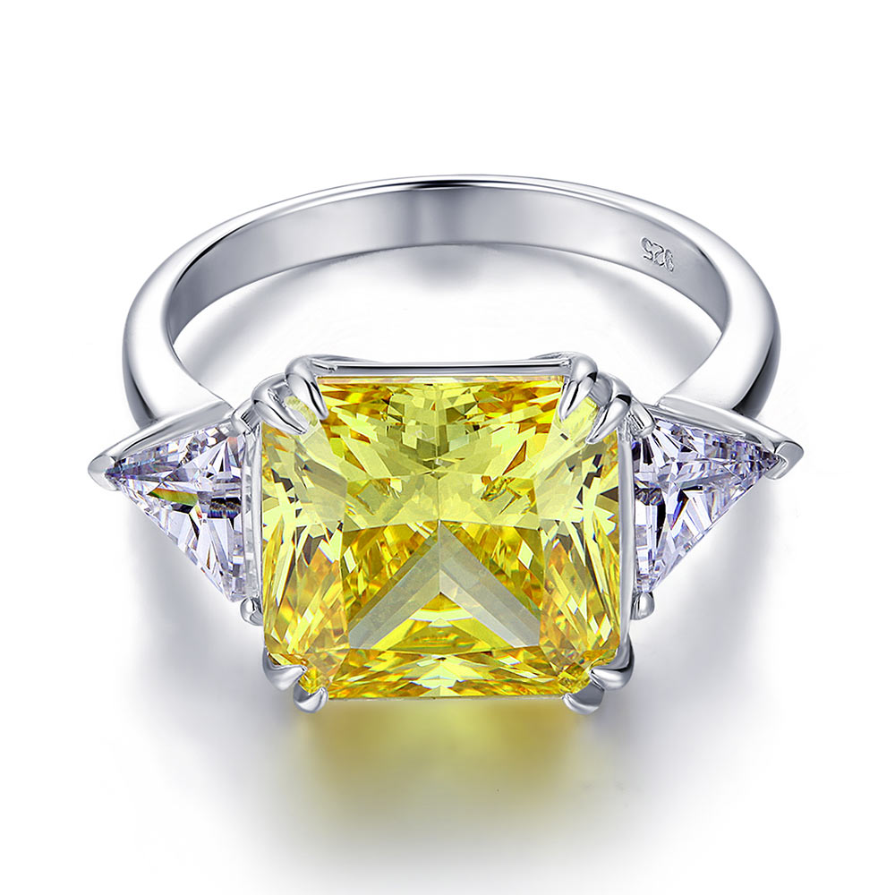 Solid 925 Sterling Silver Three-Stone Luxury Ring 8 Carat Yellow Canary Sapphire