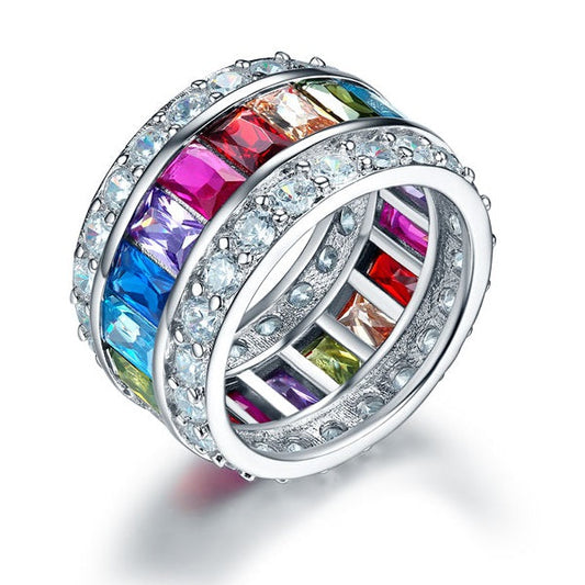 Multi-Color Created Topaz Band Wedding Anniversary 925 Sterling Silver Ring