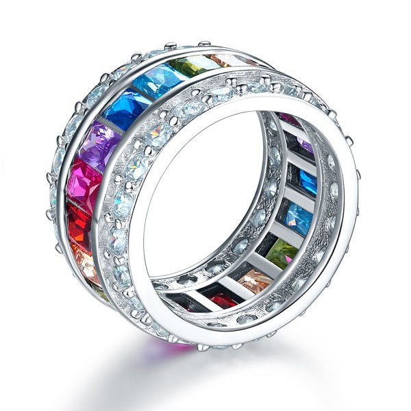 Multi-Color Created Topaz Band Wedding Anniversary 925 Sterling Silver Ring