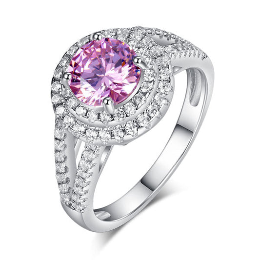 Double Halo 925 Sterling Silver Wedding Engagement Ring 1.25 Ct Fancy Pink Created Diamond Promise Ring