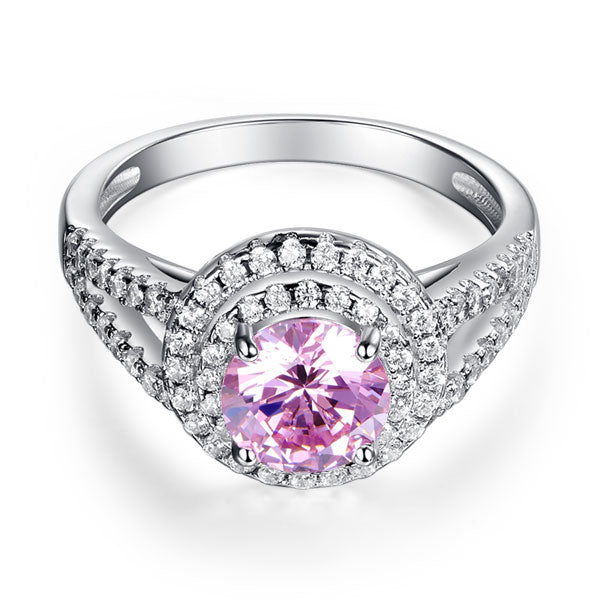 Double Halo 925 Sterling Silver Wedding Engagement Ring 1.25 Ct Fancy Pink Created Diamond Promise Ring