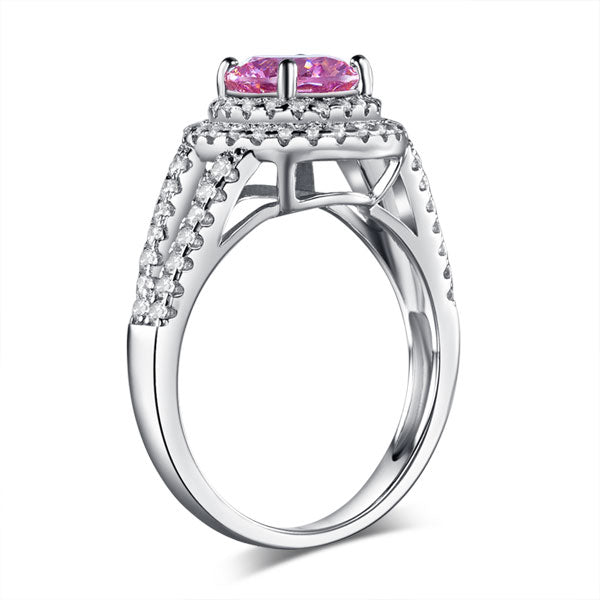 Double Halo 925 Sterling Silver Wedding Engagement Ring 1.25 Ct Fancy Pink Created Diamond Promise Ring