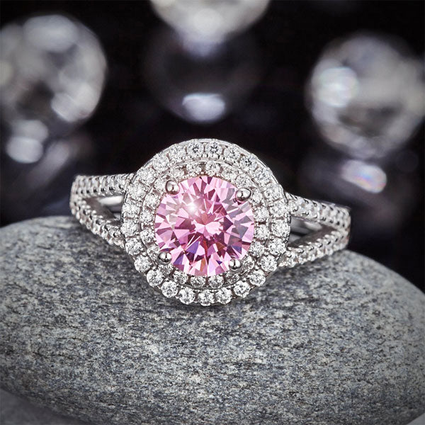 Double Halo 925 Sterling Silver Wedding Engagement Ring 1.25 Ct Fancy Pink Created Diamond Promise Ring