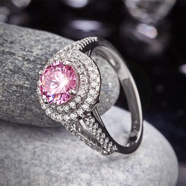 Double Halo 925 Sterling Silver Wedding Engagement Ring 1.25 Ct Fancy Pink Created Diamond Promise Ring