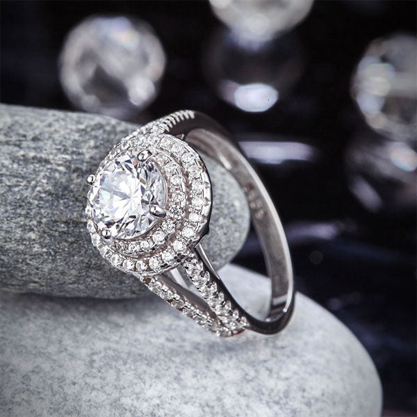 Double Halo 925 Sterling Silver Wedding Engagement Ring 1.25 Ct Created Diamond Promise Anniversary Ring