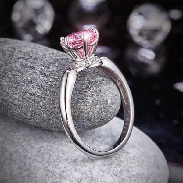 6 Claws Crown 925 Sterling Silver Wedding Promise Anniversary Ring 1.25 Ct Fancy Pink Created Diamond Ring