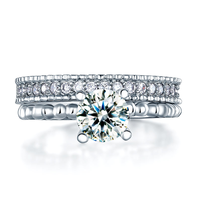 Solid 925 Sterling Silver 2-Pcs Wedding Engagement Ring Set 1 Ct Created Diamond