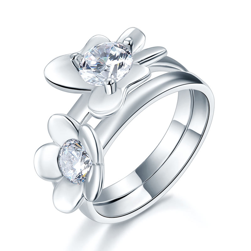 Solid 925 Sterling Silver 2-Pcs Butterfly Flower Ring Set