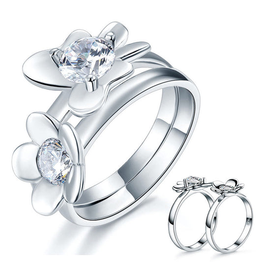 Solid 925 Sterling Silver 2-Pcs Butterfly Flower Ring Set