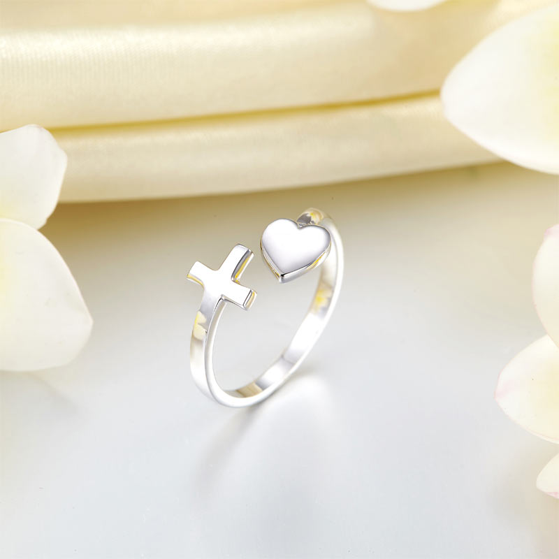 Plain Solid 925 Sterling Silver Ring Cross Heart