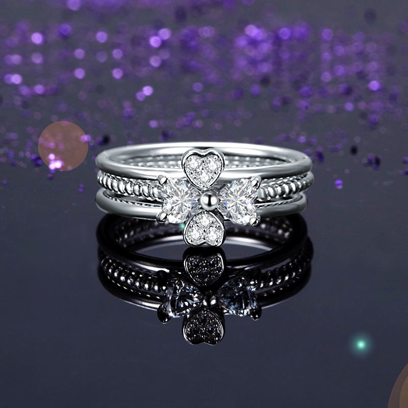 Solid 925 Sterling Silver Ring Set 3-Pcs Heart Clover
