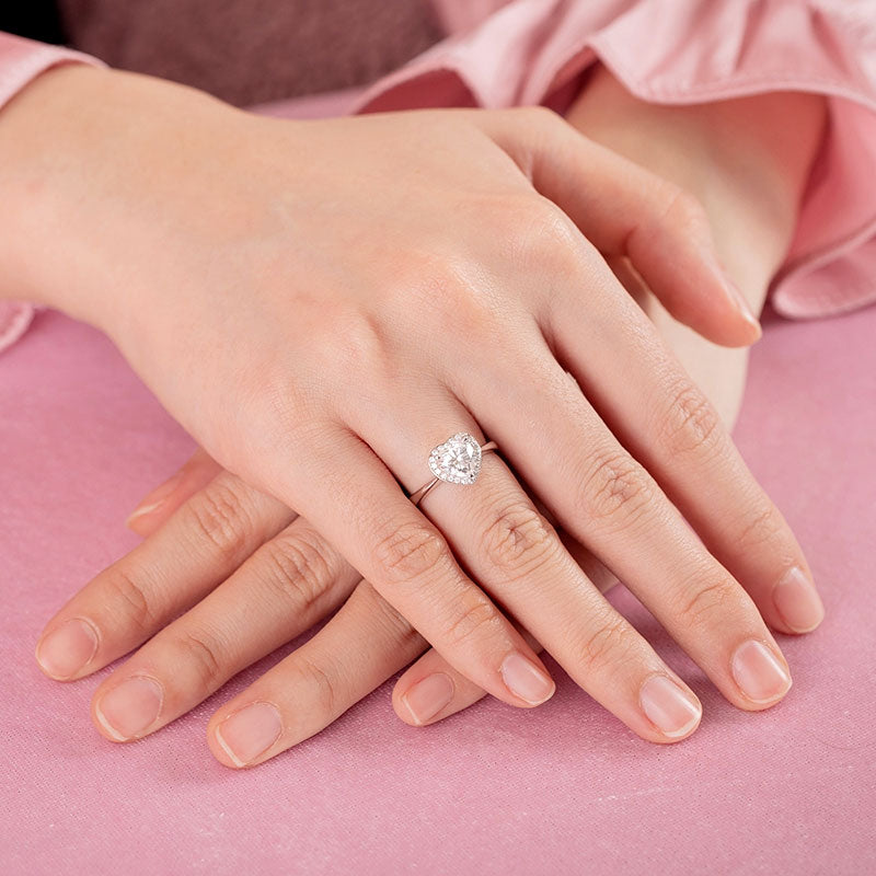 Heart Halo 1 Carat Moissanite Diamond Ring Engagement 925 Sterling Silver