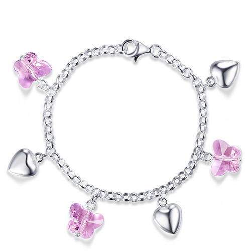 Solid 925 Sterling Silver Pink Butterfly Hearts Bracelet Baby Kids Girl Gift Children Jewelry