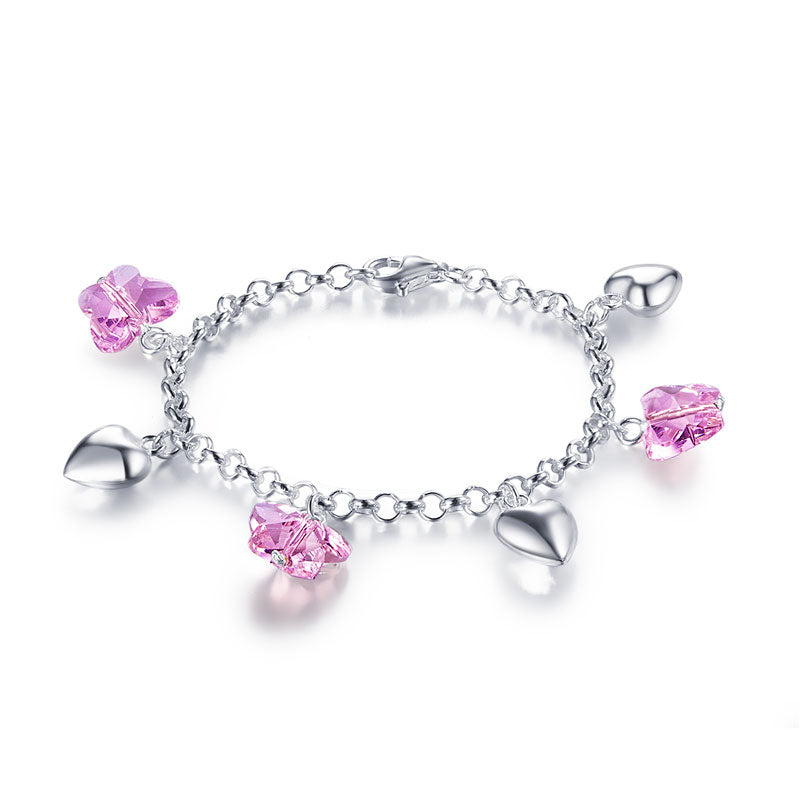 Solid 925 Sterling Silver Pink Butterfly Hearts Bracelet Baby Kids Girl Gift Children Jewelry
