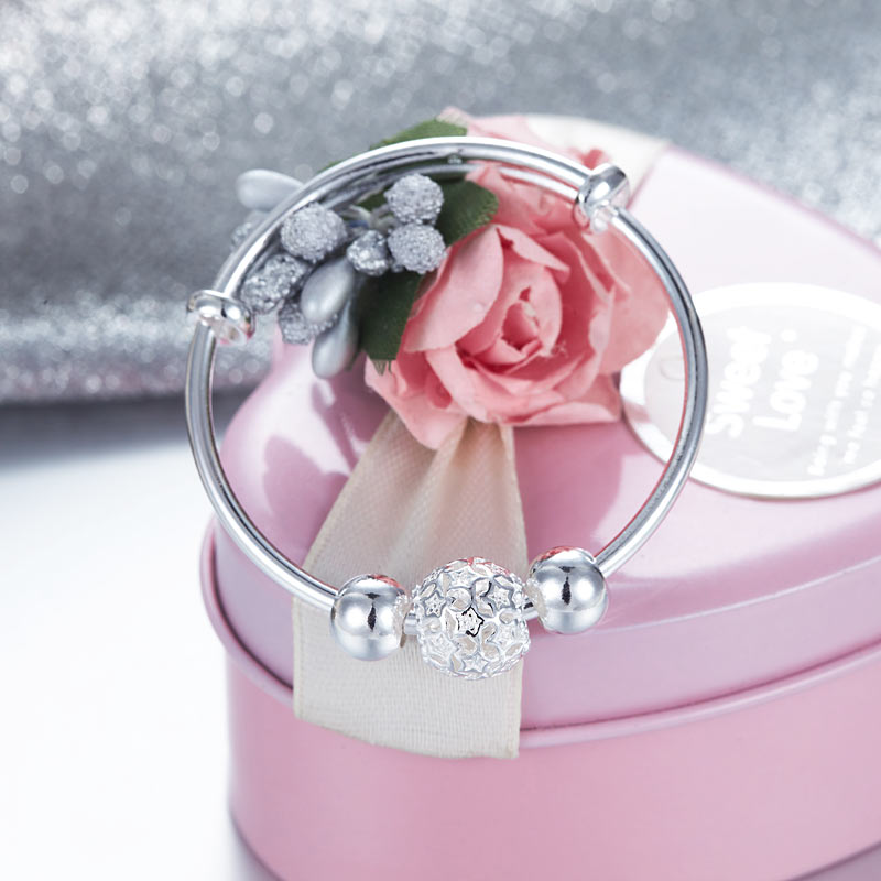 Newborn Baby 999 Pure Silver Flower Ball Baby Bangle