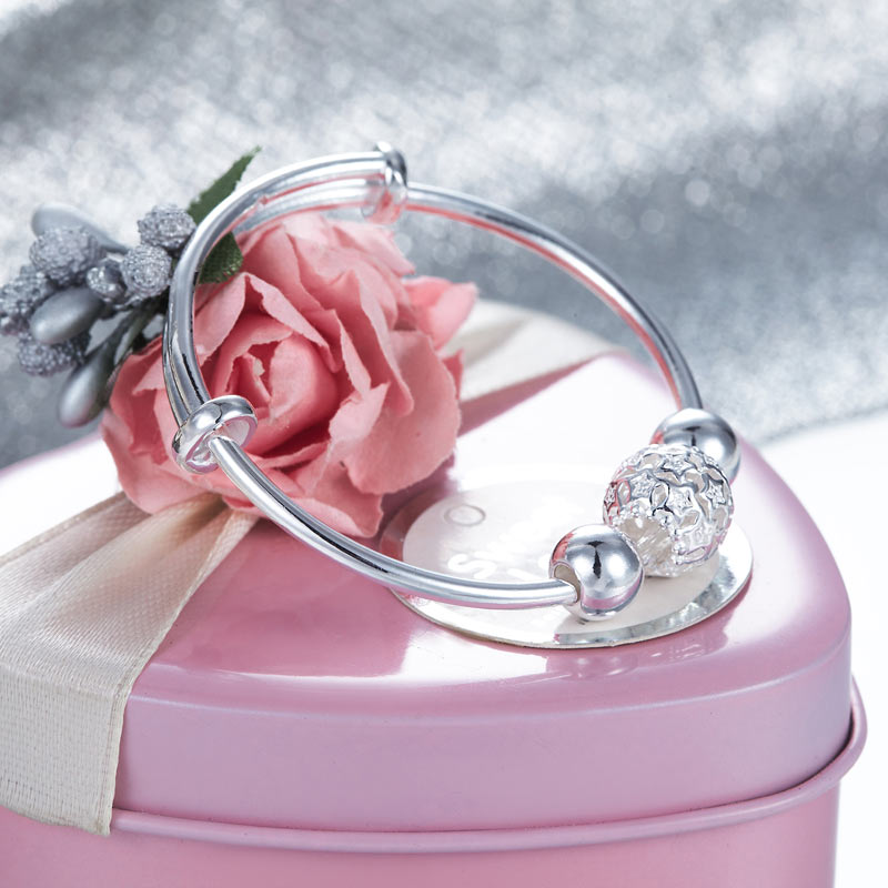 Newborn Baby 999 Pure Silver Flower Ball Baby Bangle
