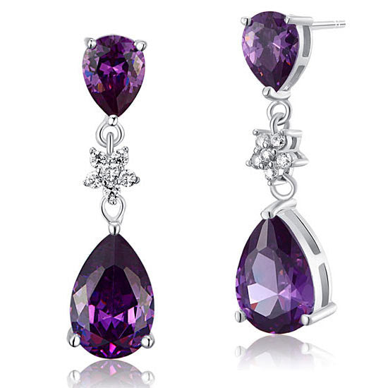 3.5 Carat Purple Pear Cut Created Sapphire 925 Sterling Silver Dangle Earrings