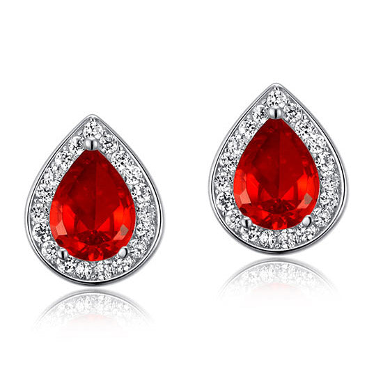 1 Carat Pear Cut Red Created Ruby 925 Sterling Silver Stud Earrings