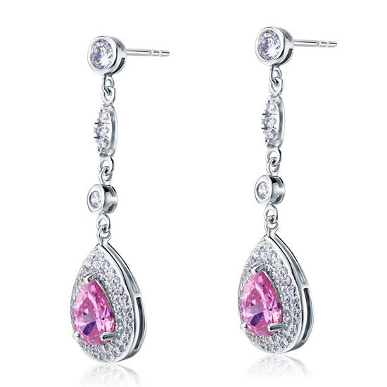 1.5 Carat Pear Cut Pink Created Sapphire 925 Sterling Silver Dangle Earrings