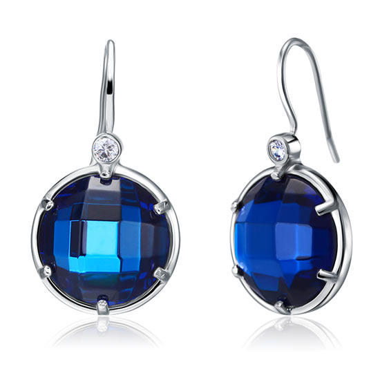 Navy Blue Created Topaz Dangle Sterling 925 Silver Bridal Earrings