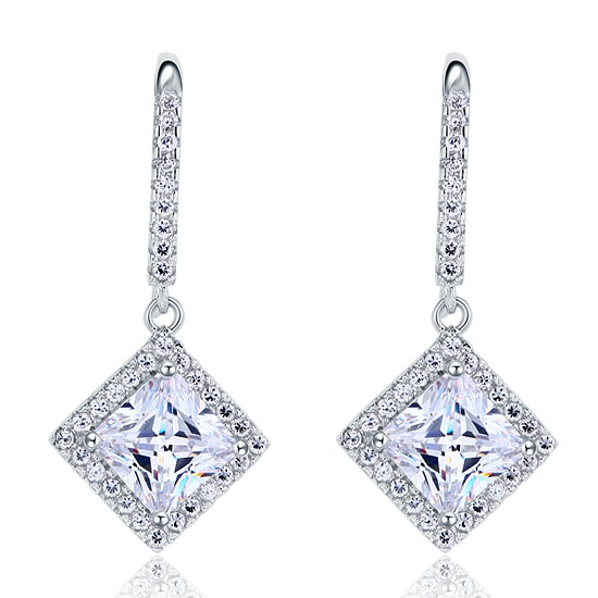 3 Carat Created Princess Cut Diamond Dangle Drop Sterling 925 Silver Earrings