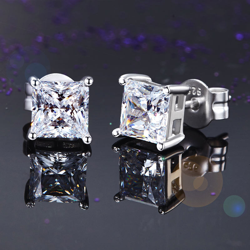 925 Sterling Silver Stud Earrings 1 Carat Princess Cut Created Diamond