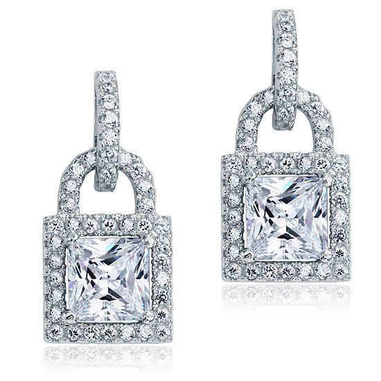 Created Diamond Dangle Drop Key Lock Sterling 925 Silver Earrings
