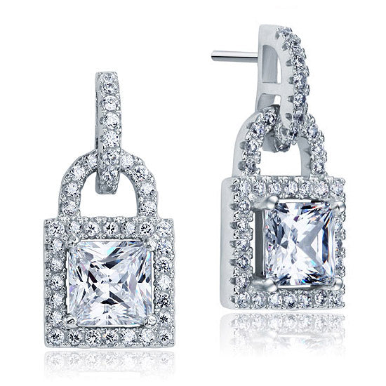 Created Diamond Dangle Drop Key Lock Sterling 925 Silver Earrings