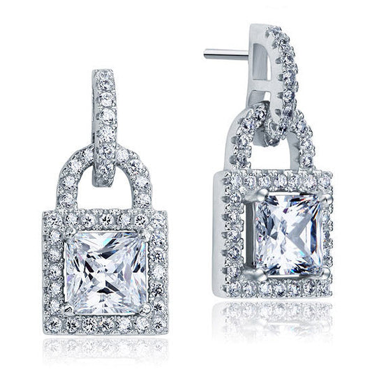Created Diamond Dangle Drop Key Lock Sterling 925 Silver Earrings