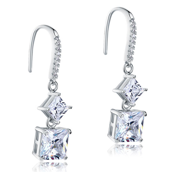 2 Carat Princess Cut Created Diamond Dangle Drop 925 Sterling Silver Earrings