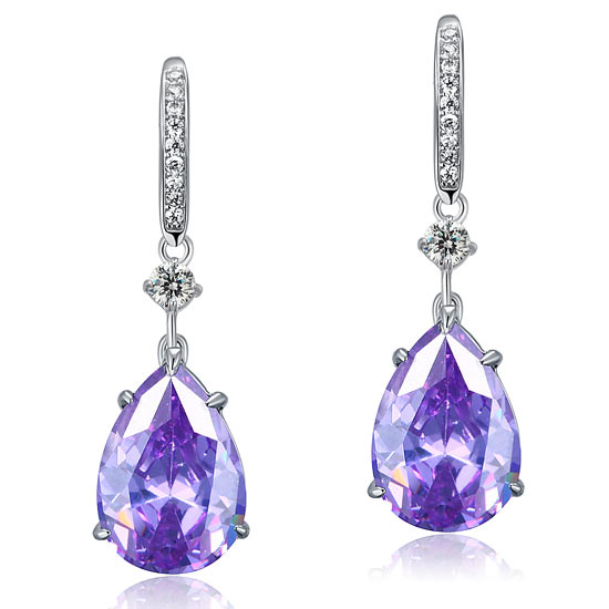 Purple Pear Created Sapphire 925 Sterling Silver Dangle Hook Earrings