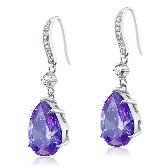 Purple Pear Created Sapphire 925 Sterling Silver Dangle Hook Earrings