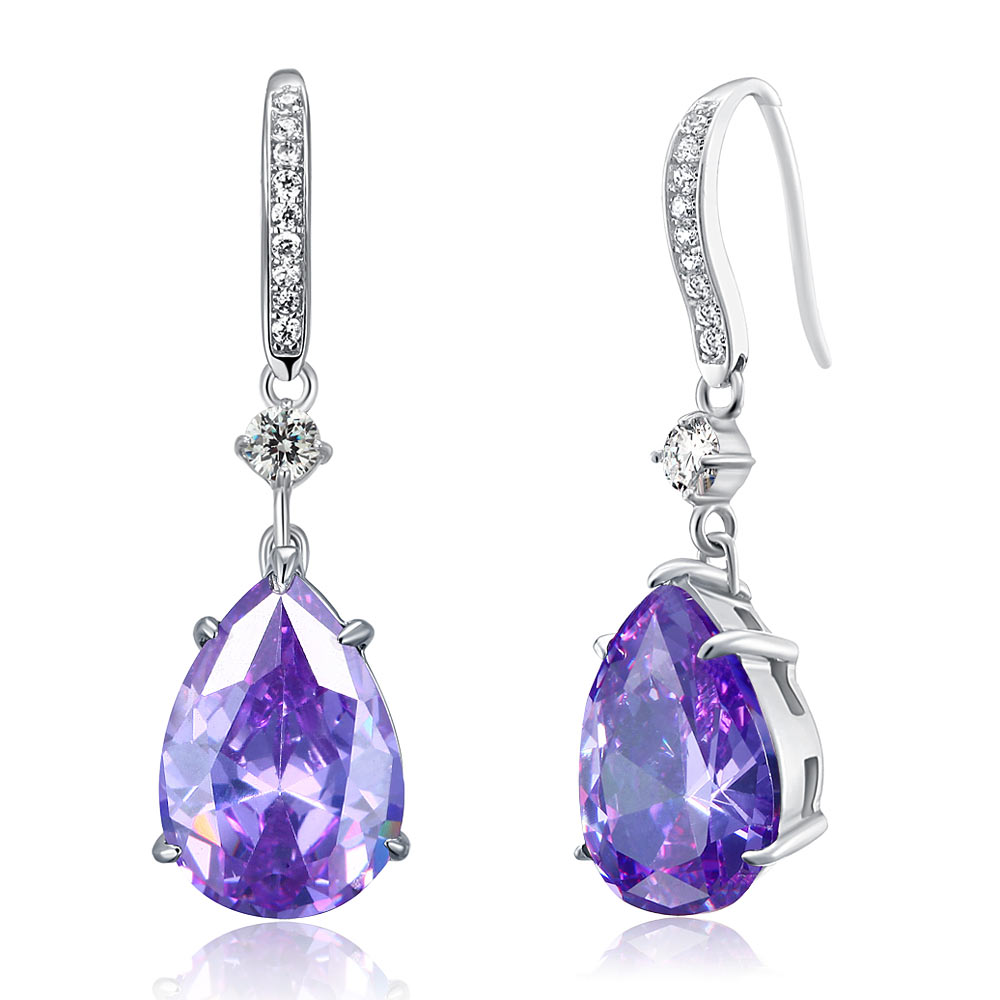 Purple Pear Created Sapphire 925 Sterling Silver Dangle Hook Earrings