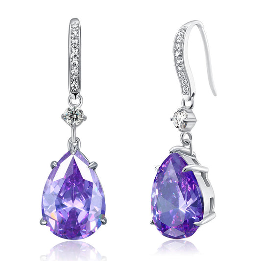 Purple Pear Created Sapphire 925 Sterling Silver Dangle Hook Earrings